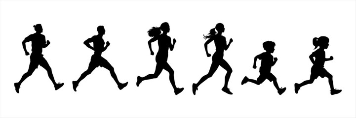Fototapeta na wymiar Vector silhouette Runners, Joggers, Sprinters Male and Female. womanand man, child boy and girl, family isolated on white 