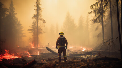 A Firefighter in Full Gear Stands in Front of a Smoldering