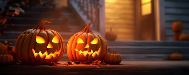 carved halloween pumpkins on a porch in front of a house