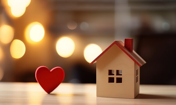 photo of a miniature house on a table side by side with a heart symbol on a blurred background