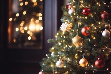 Obraz na płótnie Canvas christmas tree decorated with shiny baubles and lights