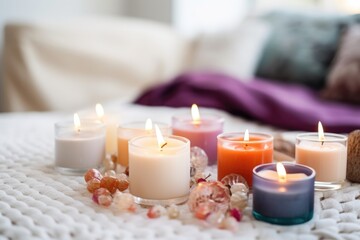 Fototapeta na wymiar fragrant candles grouped on a white coffee table