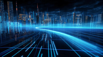 Abstract digital graphics Futuristic 3D Concept, AI and Big Data Technology background, cityscape, Information Digitalization Lines, Generative AI.