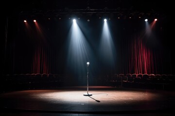 microphone stand under a single spotlight on a stage - obrazy, fototapety, plakaty