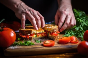 a hand adding slice of tomato inside a grilled cheese sandwich