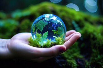 Hands holding crystal earth in green grass forest with sunlight. Environment, save the World, earth day, ecology, and Conservation Concepts..