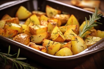 close-up image of roasted potatoes with crispy crust and rosemary leaves