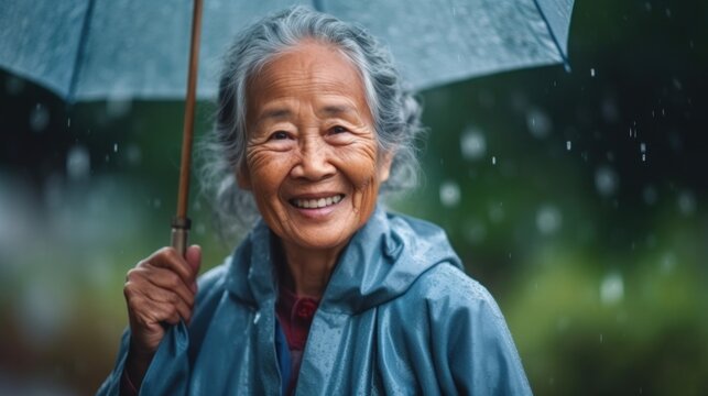 Happy elderly lady enjoys rain, wearing a raincoat.