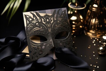 fancy black-tie event invitation next to a masquerade mask