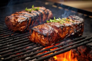 pair of seitan steaks on hot, smokey barbecue - obrazy, fototapety, plakaty