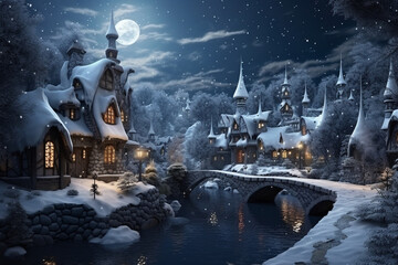 Winter fairy village, tailor-made for heartwarming winter postcards, where tiny fairies create a cozy and wondrous atmosphere. Ai generated