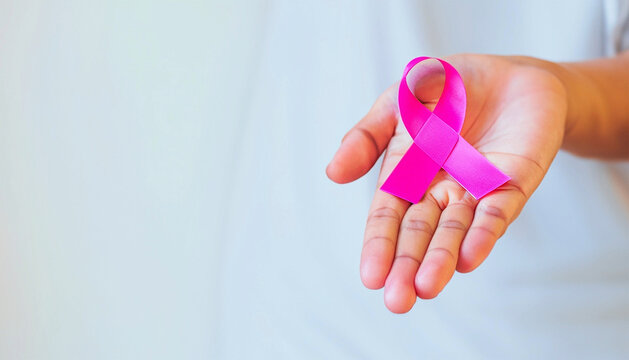 A woman's hand holds a pink ribbon symbolizing the fight against breast cancer