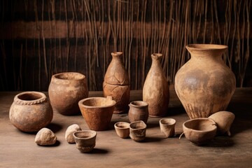 neolithic pottery pieces arranged on a wooden surface
