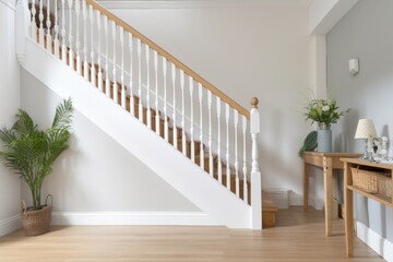 staircase with wooden treads and white balustrade