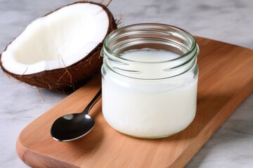 a jar of coconut oil with a spoon on a counter