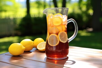 a pitcher of iced tea with lemon slices on picnic table