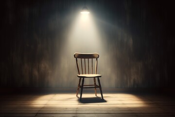 The chair in the photo is on a dark background under the spotlight from above. generative AI