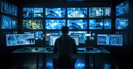 cyber forensics expert analyzing digital evidence, surrounded by multiple screens