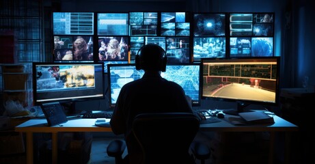 cyber forensics expert analyzing digital evidence, surrounded by multiple screens - obrazy, fototapety, plakaty