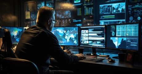cyber forensics expert analyzing digital evidence, surrounded by multiple screens