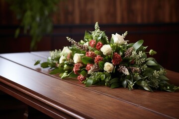 funeral flower arrangement on a wood-grain table