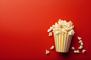 Popcorn in yellow-striped paper cup with red background for copyspace