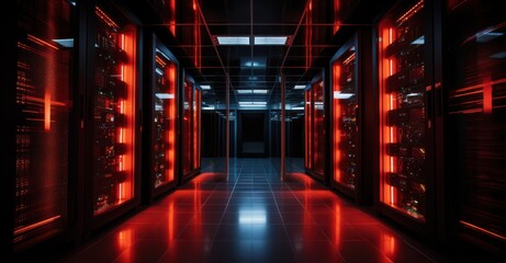 Dramatic capture of a server room with red alert lights indicating a breach - obrazy, fototapety, plakaty