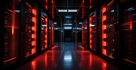 Foto op Aluminium Dramatic capture of a server room with red alert lights indicating a breach © Stock Pix