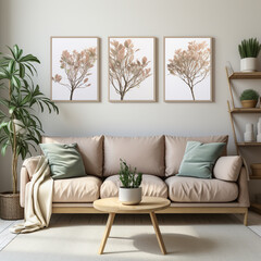 Beige sofa near white wall with three mock up poster frames. Mid century interior design of modern living room
