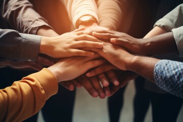 People putting hands together indoors unity. Teamwork cooperation team support. Generate Ai