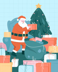 Santa Claus collects gifts for children in a bag. Residence of Santa Claus. Christmas card. Flat vector illustration.