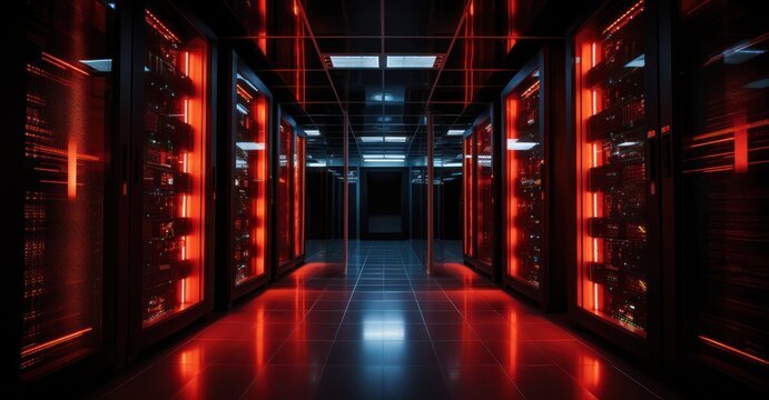 Dramatic capture of a server room with red alert lights indicating a breach