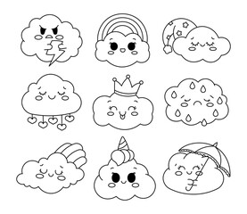 Funny kawaii clouds. Coloring Page. Cute cartoon sky and weather characters. Hand drawn style. Vector drawing. Collection of design elements.