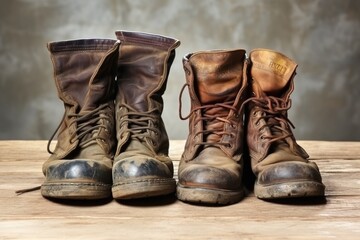 a pair of worn-out leather boots sitting side by side