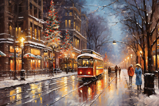 Watercolor painted landscape with an old tram on a snowy street of a big city at Christmas. Happy Christmas.