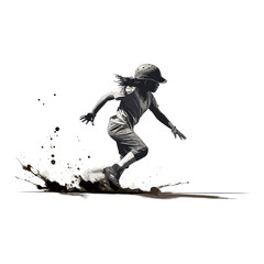 Black silhouette of a little girl athlete playing baseball, hitting the baseball with a bat and wearing a baseball glove - obrazy, fototapety, plakaty