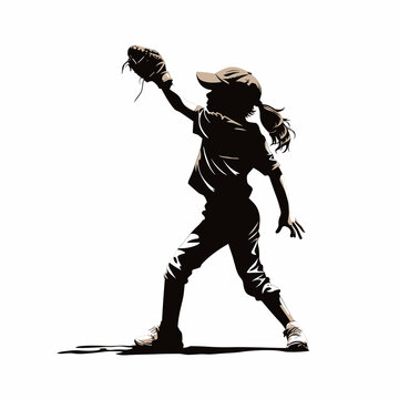 recommend clip art: Black silhouette of a little girl athlete playing baseball, hitting the baseball with a bat and wearing a baseball glove