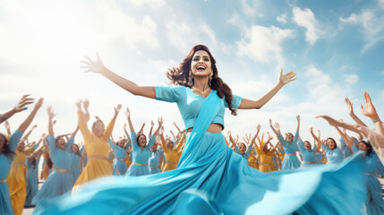 Obraz premium Indian beautiful woman dancing under blue sky