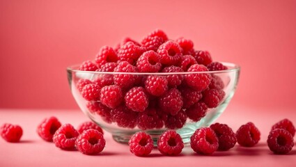 Vibrant Raspberries in Clear Bowl on Pink