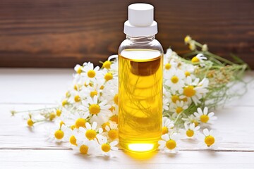 body oil in a pump bottle with loose chamomile flowers