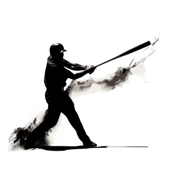 recommend clip art: Black silhouette of a male athlete playing baseball, hitting the baseball with a bat and wearing a baseball glove