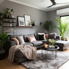  Scandinavian interior design modern living room with fan lamp on the ceiling with gray sofa