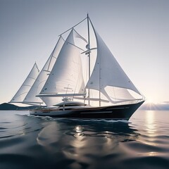 there is a sailboat with white sails sailing on the water