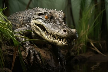 Highly detailed, lifelike crocodile in wetland habitat. Generative AI