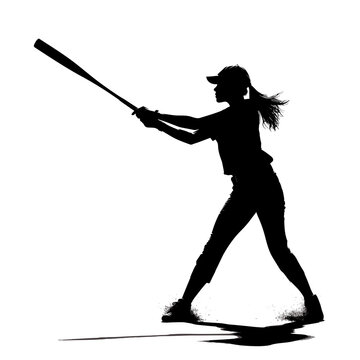 Black silhouette of a female athlete playing baseball, hitting the baseball with a bat and wearing a baseball glove