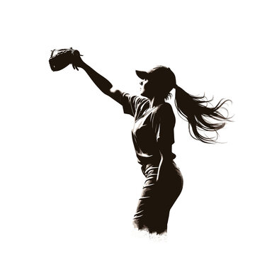 recommend clip art: Black silhouette of a female athlete playing baseball, hitting the baseball with a bat and wearing a baseball glove