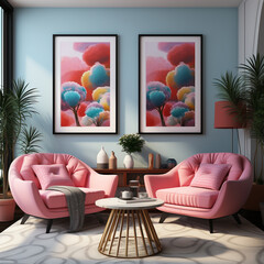 Pink chairs by the wall with two frames for art poster layouts. Interior design of modern living room 