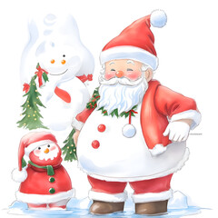 santa claus and snowman background, ai generative 