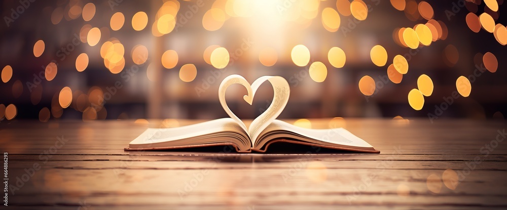 Poster photo of a book with a love shape on it with a beautiful bokeh background. generative ai