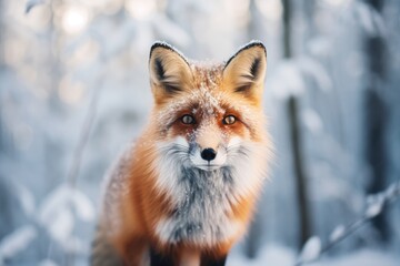 Obraz premium Winter Fox Encounter - A curious fox amidst a serene snow-covered forest - AI Generated
